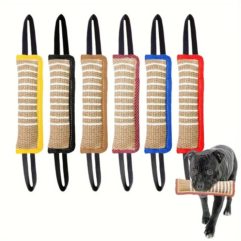 Set of dog chew toys with different color patterns and a dog holding one of the toys.