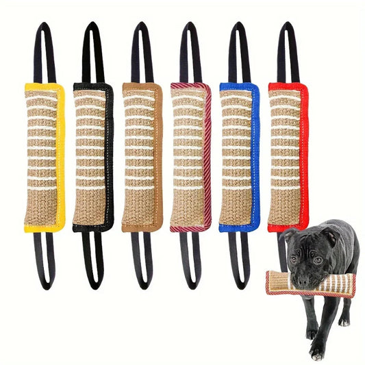 Set of dog chew toys with different color patterns and a dog holding one of the toys.