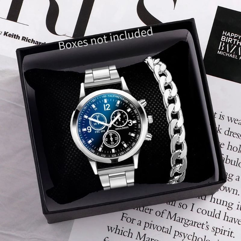 Men's silver-tone quartz wristwatch with black multi-dial face, stainless steel band, and matching silver chain bracelet – EMESA HOME.