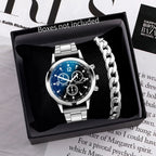 Men's silver-tone quartz wristwatch with black multi-dial face, stainless steel band, and matching silver chain bracelet – EMESA HOME.