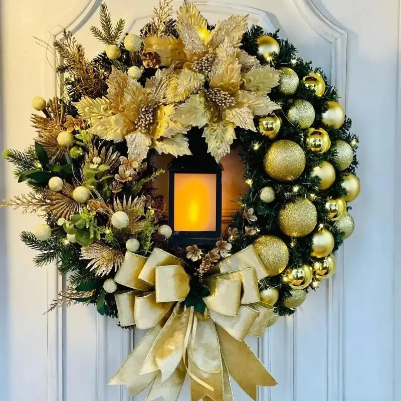 EMESA HOME 45CM Golden Lighted Floral Wreath with Red Ball Accents