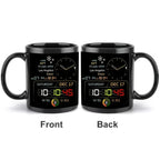 Black mug with digital clock and weather display on a white background