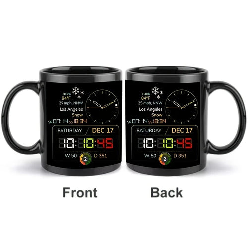 Black mug with digital clock and weather display on a white background