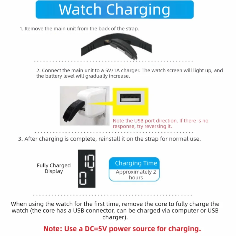 Instructions for charging a watch with images and text on a white background