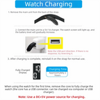 Instructions for charging a watch with images and text on a white background
