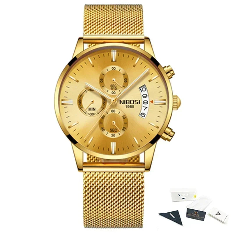 Gold wristwatch with mesh band and NIBOSI branding on a white background