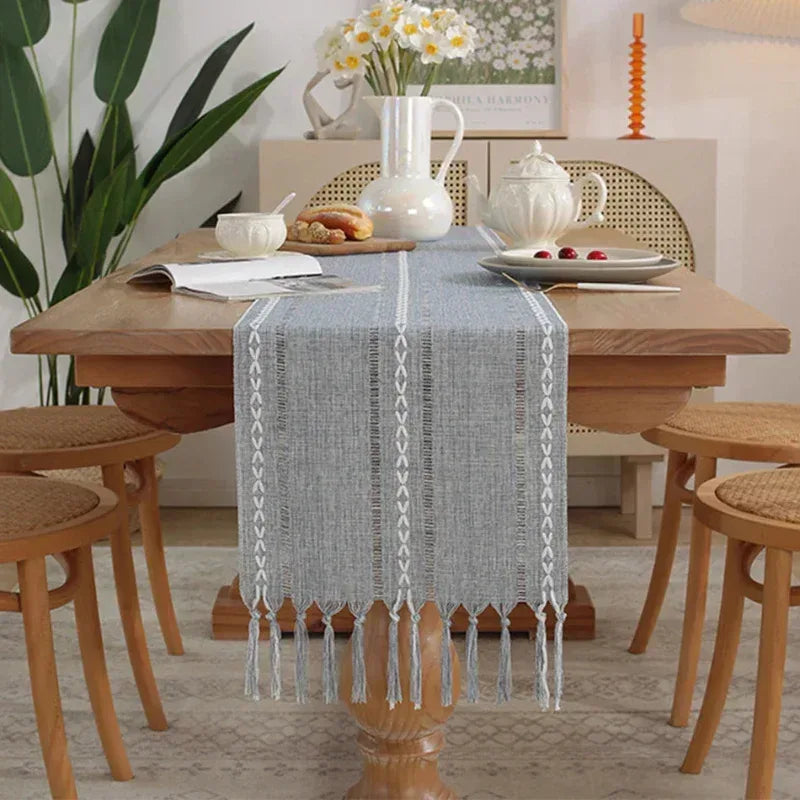 EMESA HOME Cotton Linen Blend Table Runner – Hand Woven Tassels for Wedding Party Arch Door & Dining Table Decor - EMESA HOME™