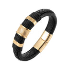Black braided leather bracelet with gold accents on a white background