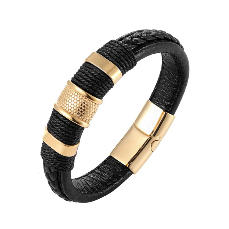 Black braided leather bracelet with gold accents on a white background