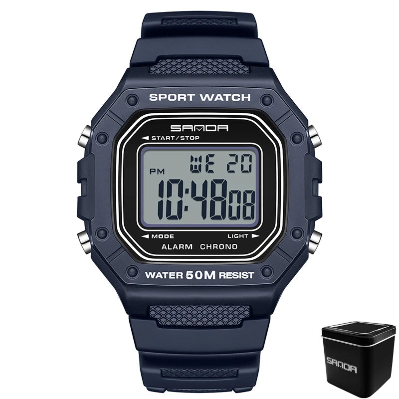 Digital watch with black strap and display on a white background, featuring the brand 'SANDA'.