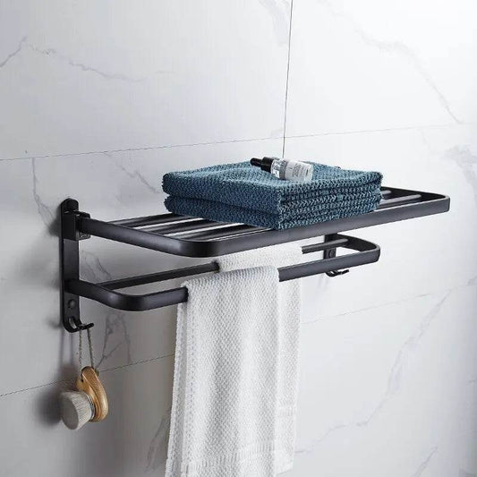 EMESA HOME Matte Black 50CM Folding Towel Holder with Hook - Wall Mount Aluminum Towel Rack black 50cm
