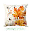 A square decorative throw pillow with a fall-themed flat print featuring the words 'HAPPY fall,' orange and yellow maple leaves, small red berries, and a white pumpkin on an off-white background. Text below reads '2d flat printing, Non-real embroidery.
