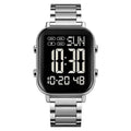 Digital watch with metal strap on a white background, featuring the Skmei brand.