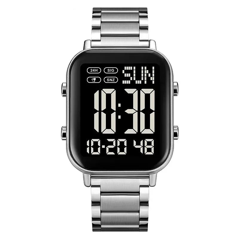Digital watch with metal strap on a white background, featuring the Skmei brand.