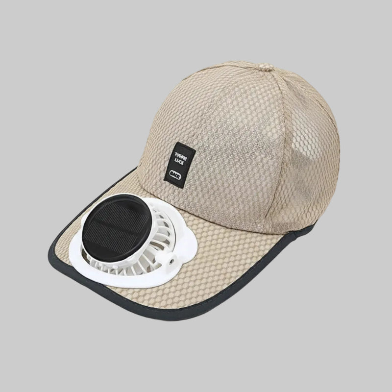 Beige cap with a built-in fan on a white background