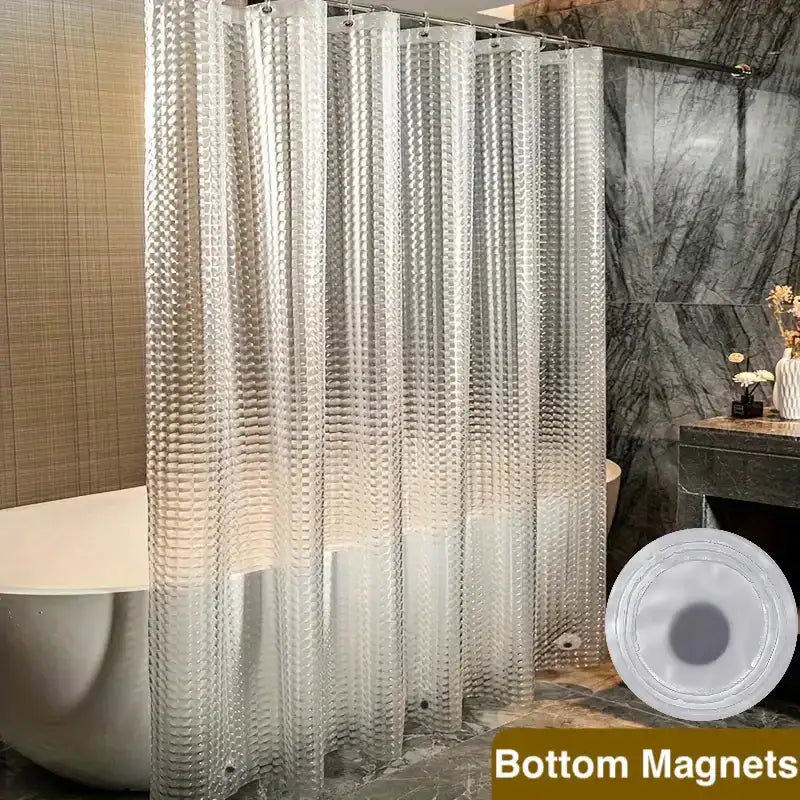Clear shower curtain with 'Bottom Magnets' label in a bathroom setting