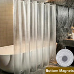 Clear shower curtain with 'Bottom Magnets' label in a bathroom setting