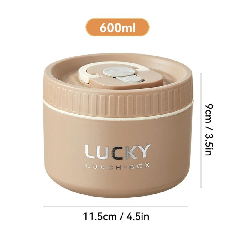 Beige lunch box with 'LUCKY' branding and measurements on a white background