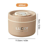 Beige lunch box with 'LUCKY' branding and measurements on a white background