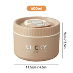 Beige lunch box with 'LUCKY' branding and measurements on a white background