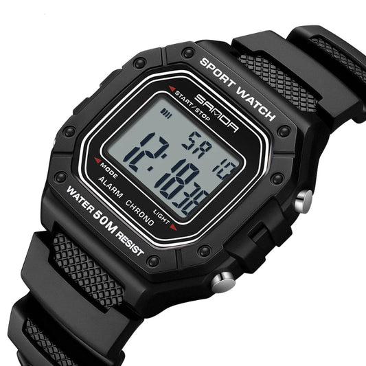 Black digital watch with SAMDA branding on a white background