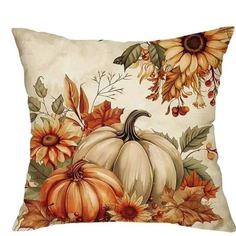 Decorative pillow with autumn-themed design featuring pumpkins, leaves, and sunflowers.