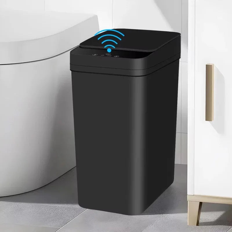 Black trash bin with wireless charging icon in a bathroom setting