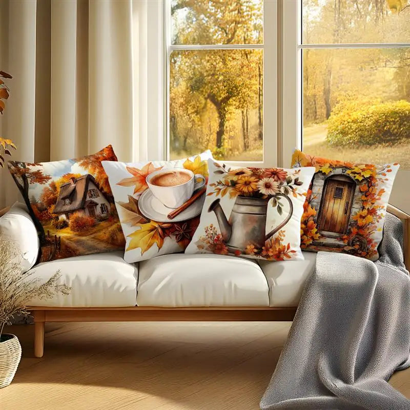 Four decorative throw pillows with autumn-themed prints are arranged on a white sofa in a sunlit living room. The pillows feature illustrations of fall leaves, a coffee cup, a watering can, and a wooden door, with a gray throw blanket draped over the sofa.