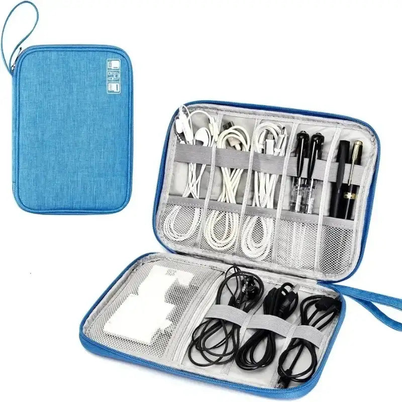 Blue cable organizer with various cables and devices inside on a white background