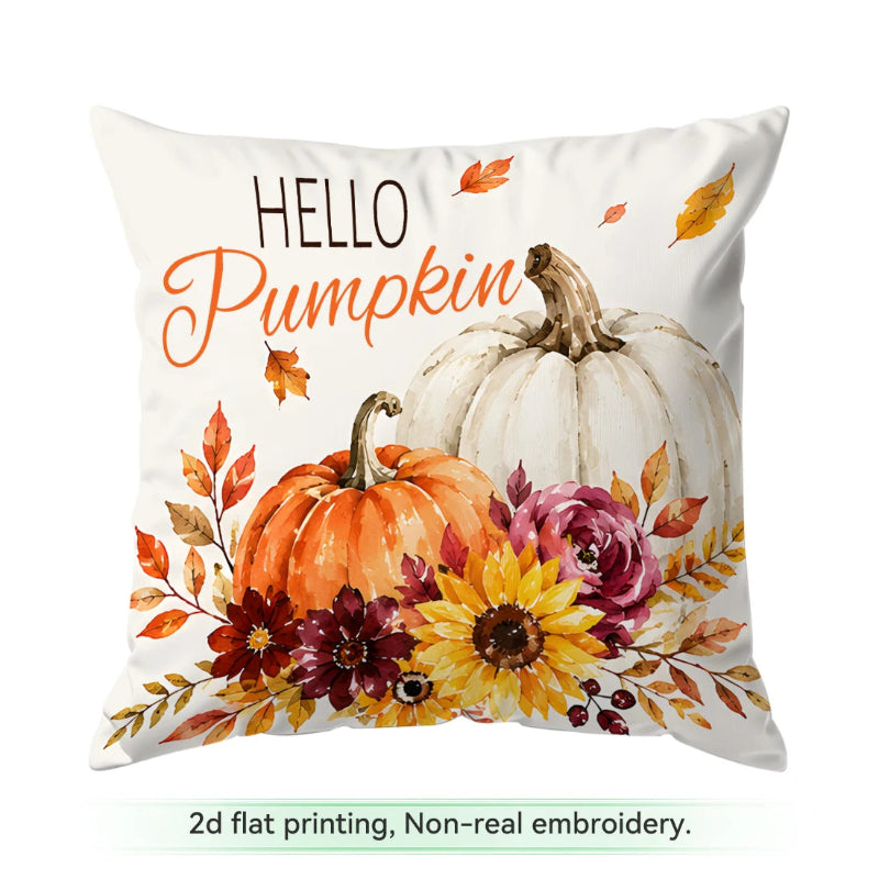 A square white throw pillow featuring a 'Hello Pumpkin' autumn watercolor design with two pumpkins, fall leaves, and flowers. Text below reads '2d flat printing, Non-real embroidery.
