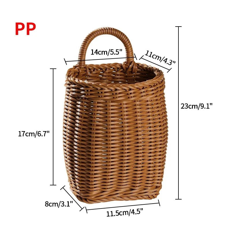 Wicker basket with dimensions labeled on a white background