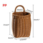 Wicker basket with dimensions labeled on a white background