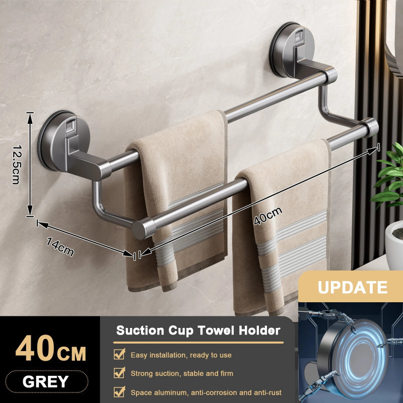 Towel holder with dimensions and features on a neutral background