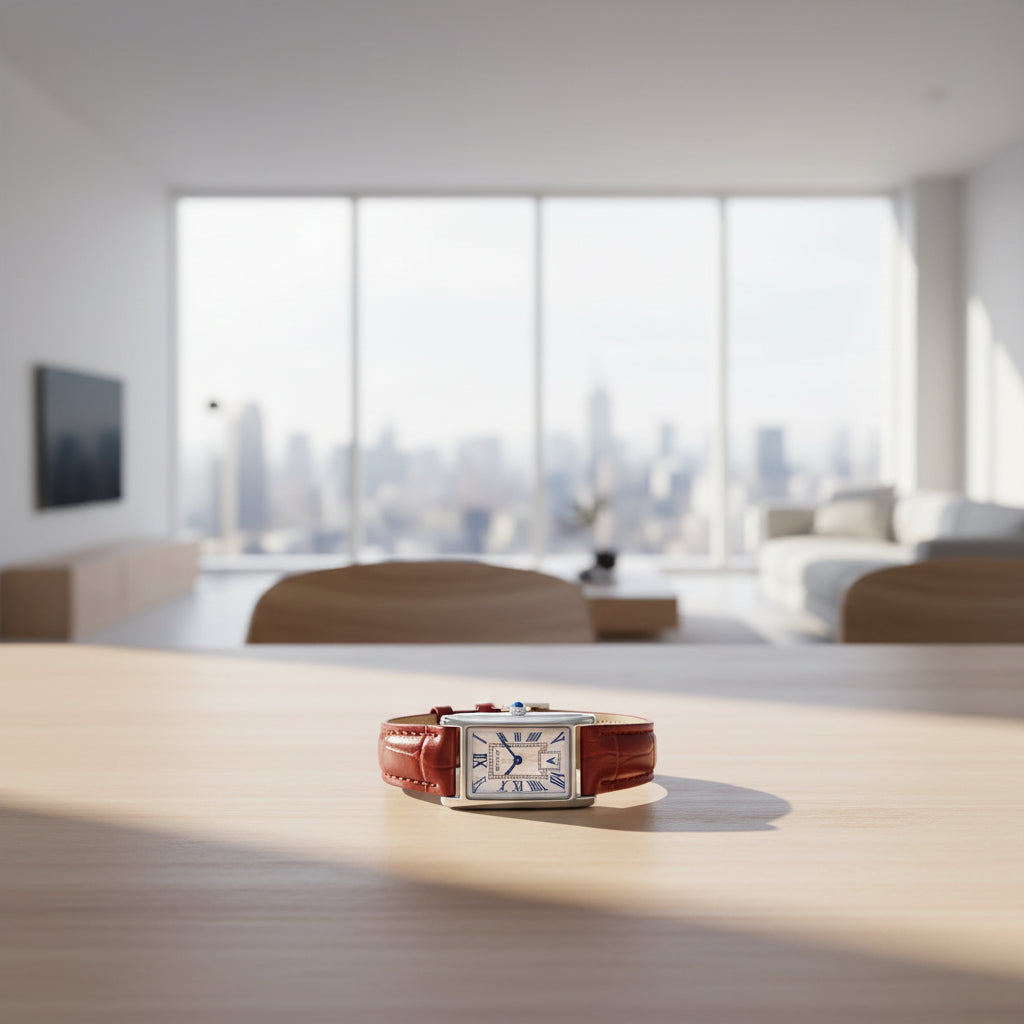 Wristwatch with red leather strap and silver case on a beige background, featuring the Sanda brand.