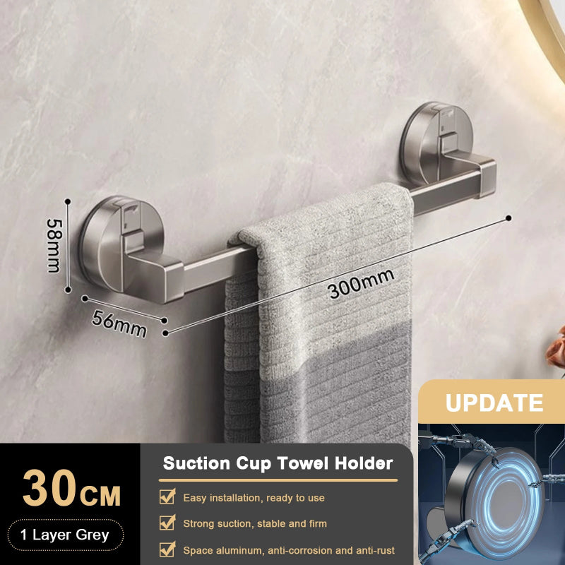 Suction cup towel holder with dimensions and features on a marble wall background