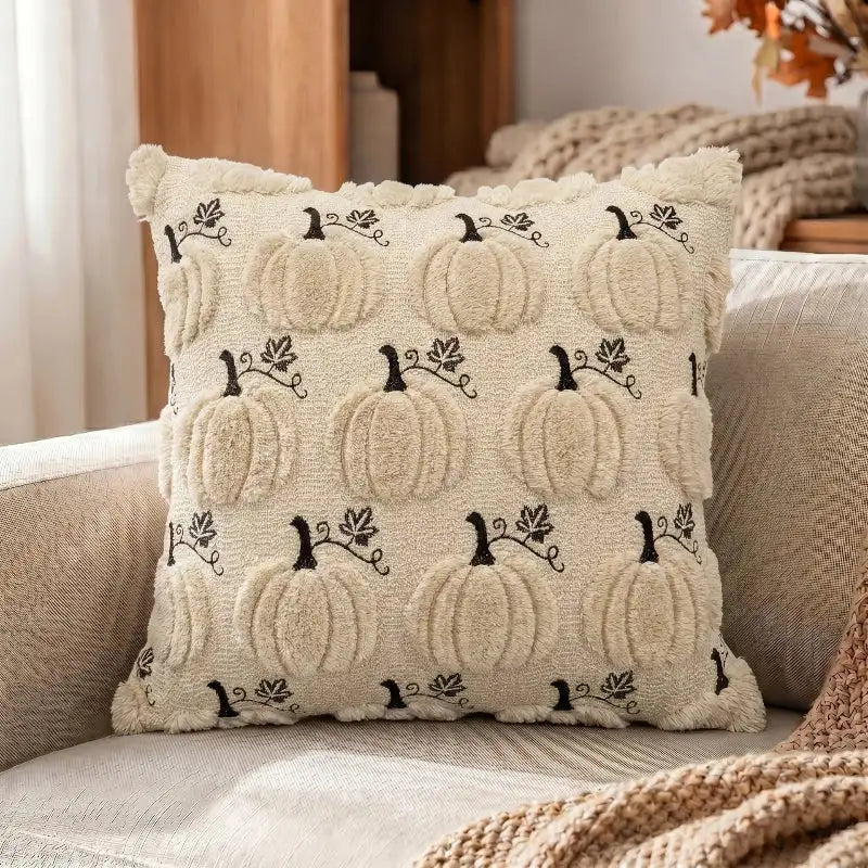 A square decorative throw pillow with a textured cream background and black embroidered pumpkins, styled on a beige sofa with a cozy knit blanket.