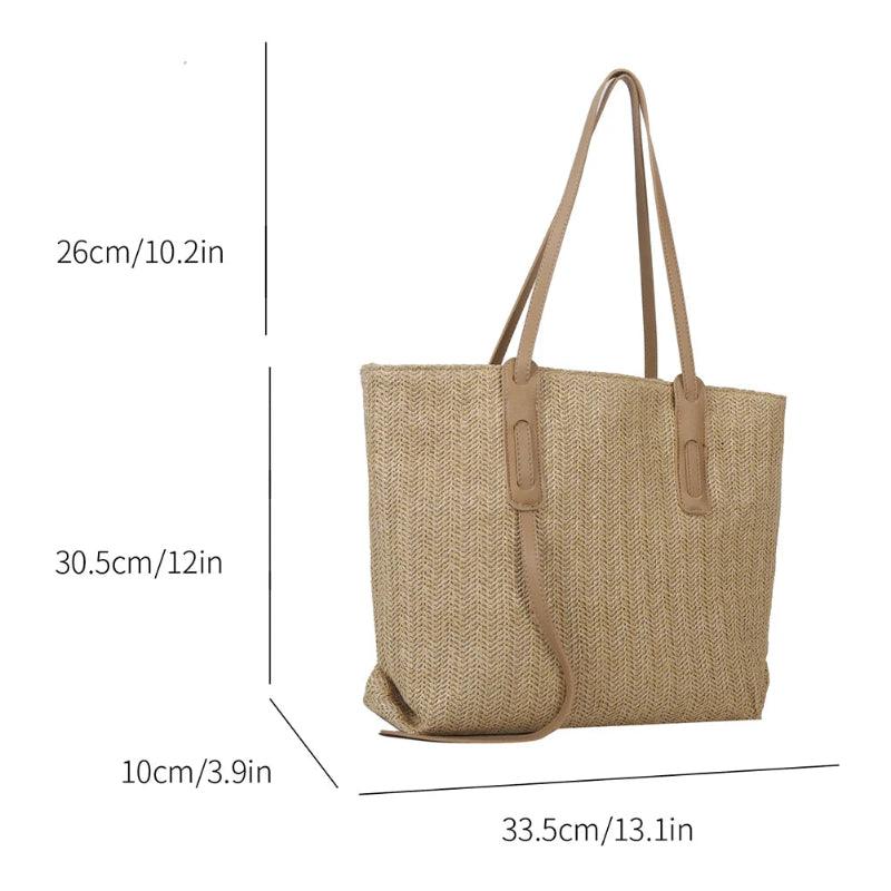 Beige woven tote bag with measurements on a white background