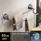 Suction cup towel holder with dimensions and features on a bathroom wall background