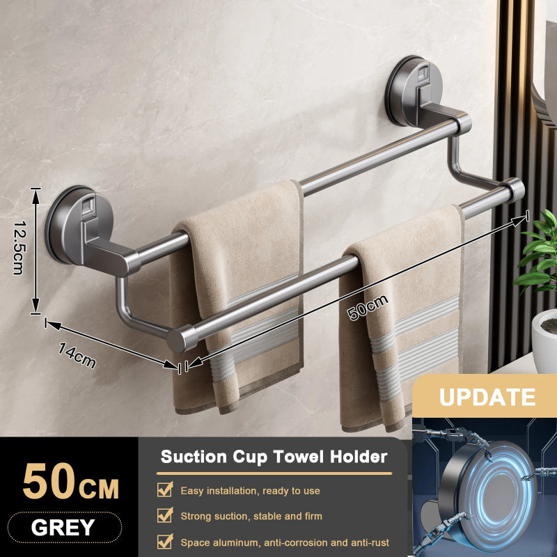 Suction cup towel holder with dimensions and features on a bathroom wall background