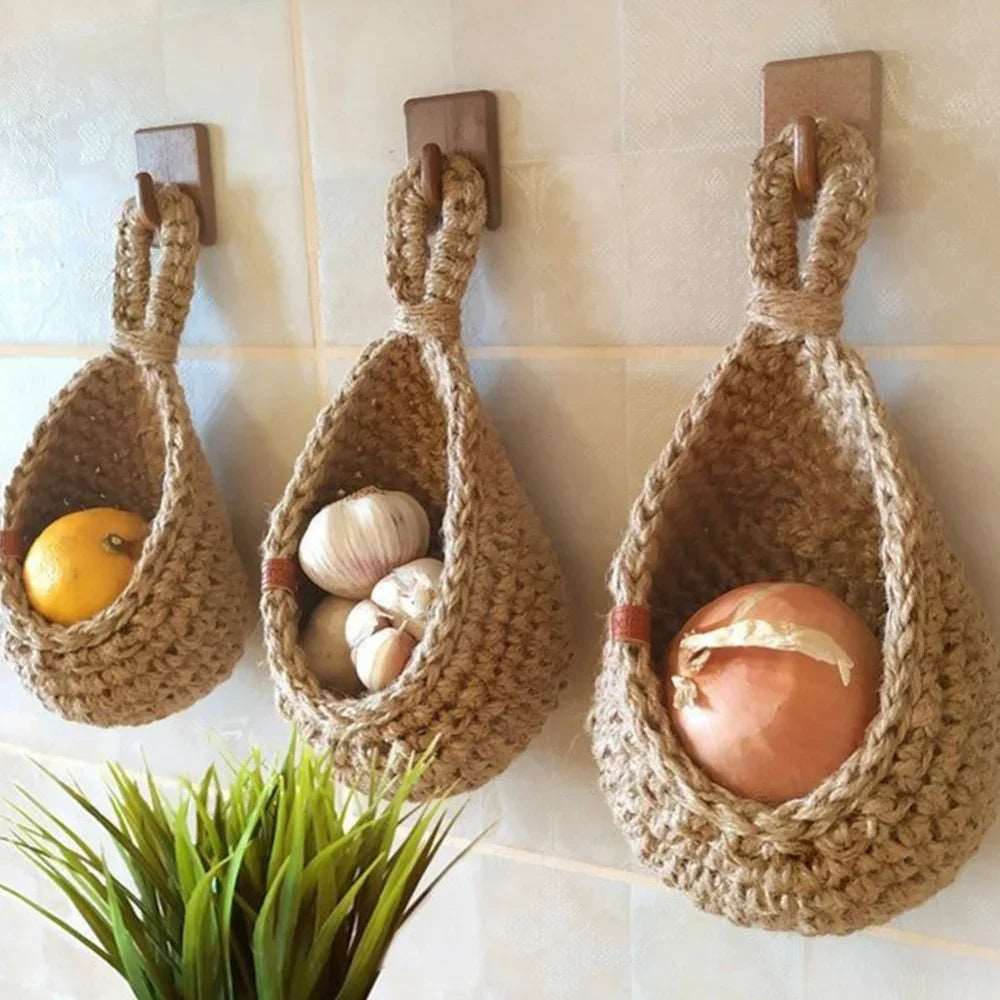 EMESA HOME-Handwoven Hanging Basket - Wall Vegetable Fruit Organizer, Kitchen Garden Decor, Plant Flower Onion Container