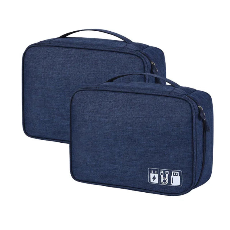 Two blue travel bags with icons on a white background