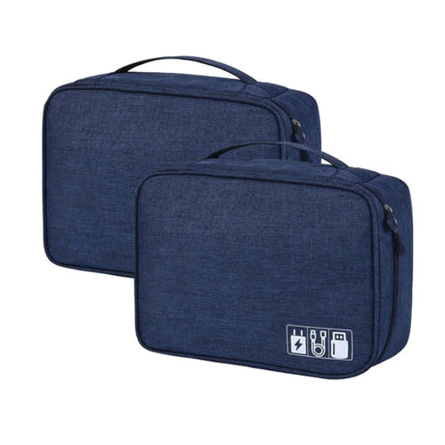 Two blue travel bags with icons on a white background