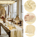 Table setting with a decorative tablecloth, candles, and glasses, featuring close-ups of the fabric's pleated design, sheer fabric, and neat edges.