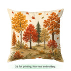 A square throw pillow featuring a 2D flat print of an autumn forest with colorful red, orange, and yellow trees on a cream background. Text below reads '2d flat printing, Non-real embroidery.