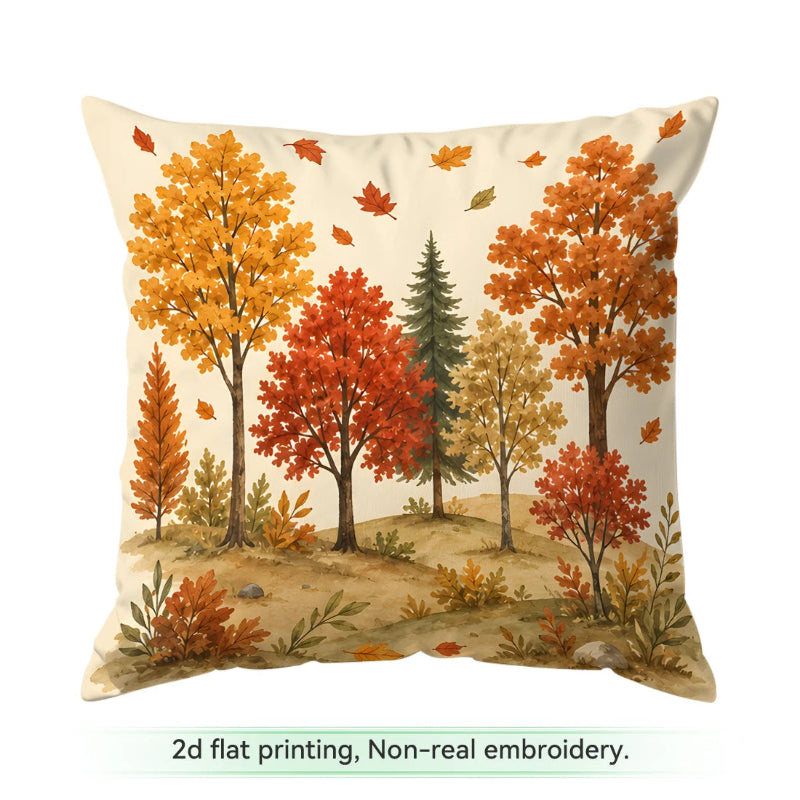 A square throw pillow featuring a 2D flat print of an autumn forest with colorful red, orange, and yellow trees on a cream background. Text below reads '2d flat printing, Non-real embroidery.