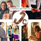 Collage of people with gift boxes and a close-up of a decorative keychain with 'OC' initials.