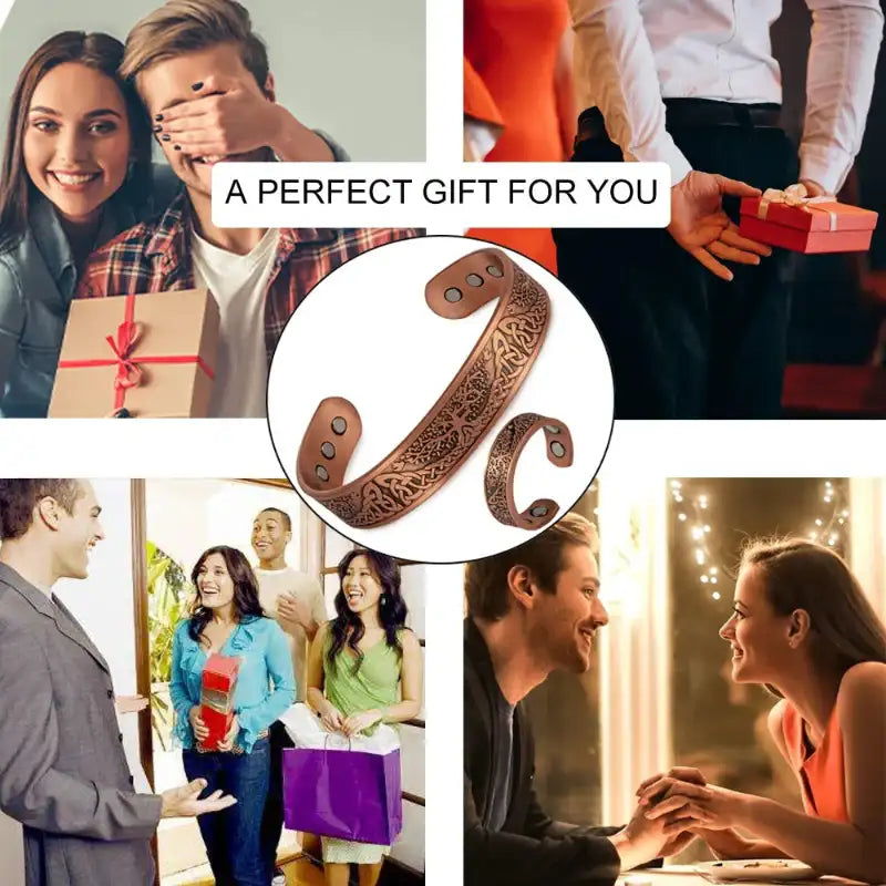 Collage of people with gift boxes and a close-up of a decorative keychain with 'OC' initials.