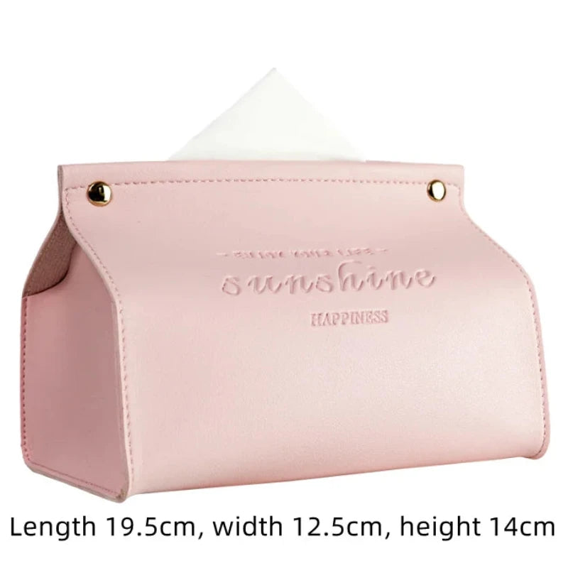 Pink tissue holder with 'sunshine happiness' text on a white background