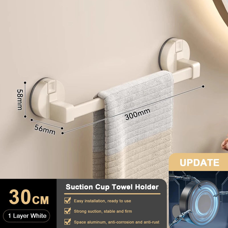 Suction cup towel holder with dimensions and features on a neutral background