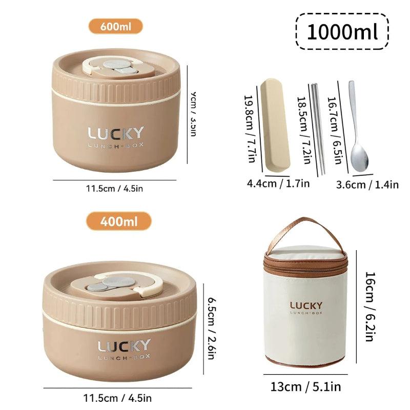 Three sizes of 'LUCKY' lunch boxes with measurements and additional items on a white background